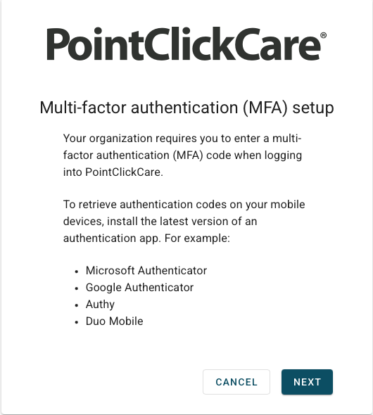 PointClickCare MFA Setup 1
