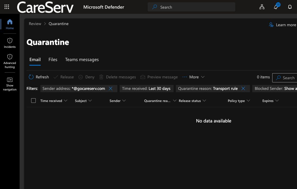 Microsoft Quarantine message list