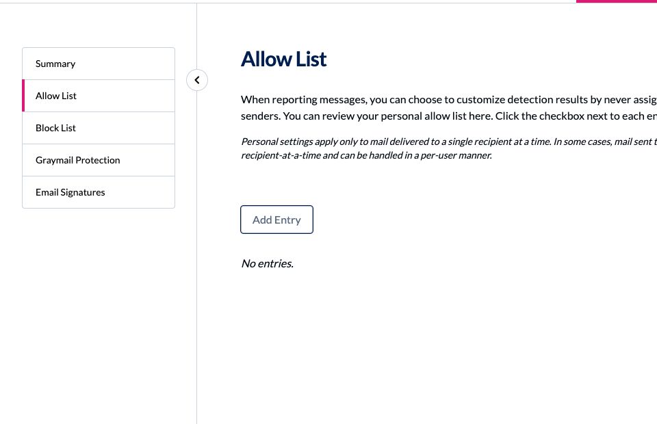 INKY personal Allow List screen