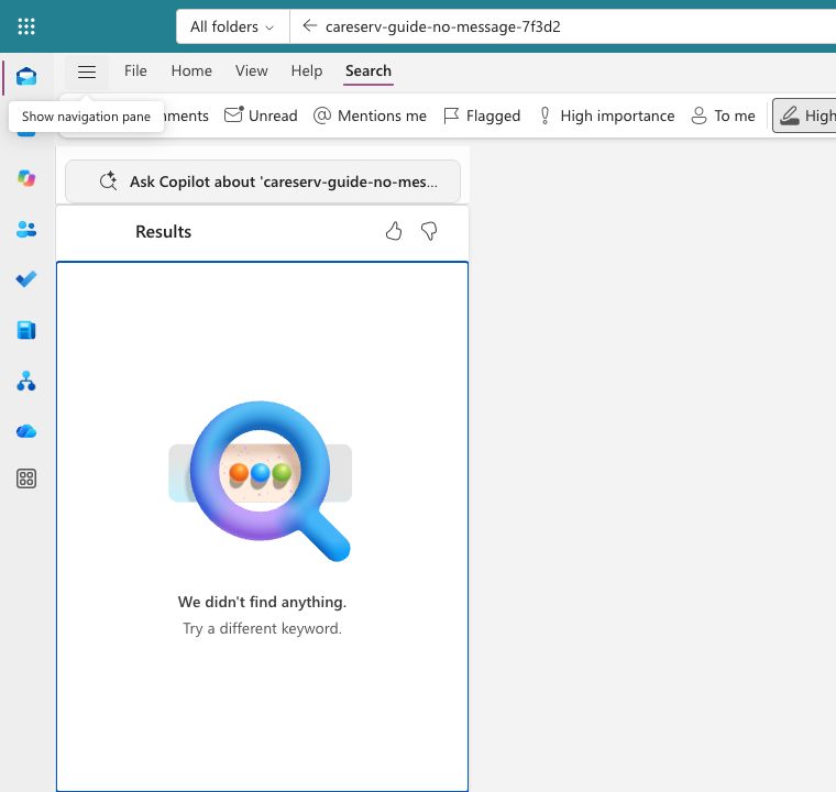 Outlook search used to confirm delivery